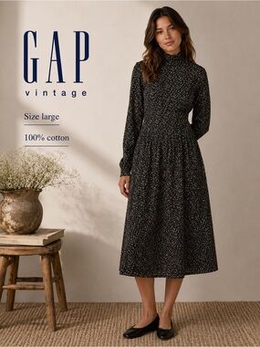 GAP vintage Black‎ Floral High-Neck Long Sleeve Midi Dress large COTTON